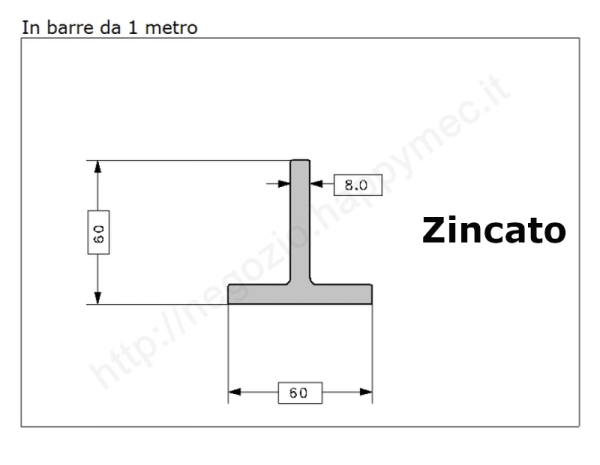 Profilo a T 60x60x8 zincato in barre da 1 metro in ferro