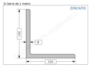 Angolare zincato 100x8 in barre da 1 metro in ferro