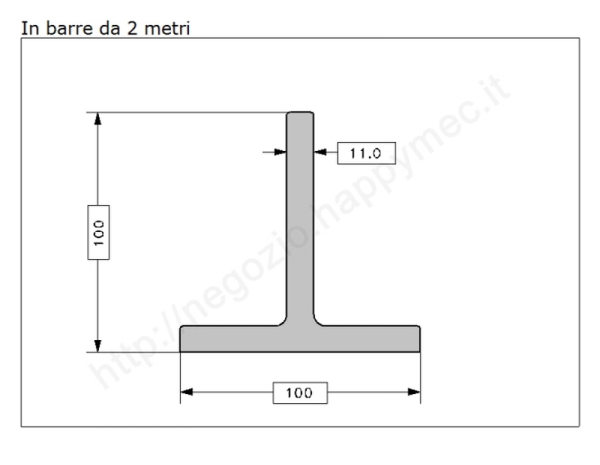 Profilo a T.100x100x11 grezzo in barre da 2 metri in ferro