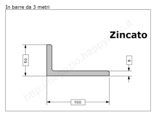 Profilo L zincato.100x50x8 in barre da 3 metri in ferro