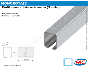 Profilo monorotaia zincata media 42x54 (tipo B) da 3 metri*