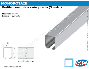 Profilo monorotaia zincata piccola 33x31 (tipo C) da 3 metri*