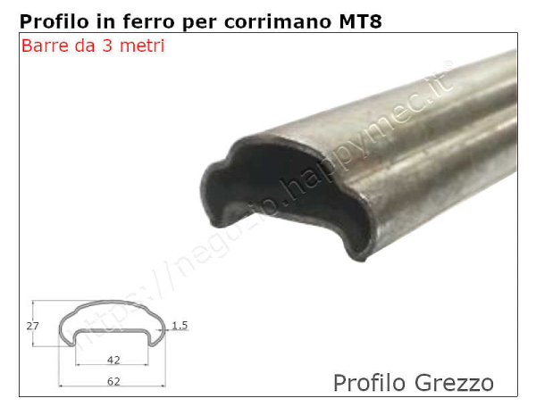 Profilo per corrimano MT8 grezzo in barre da 3 metri in ferro