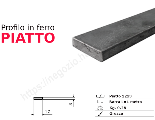 Profilo piatto grezzo 12x 3 in barre da 1 metro in ferro