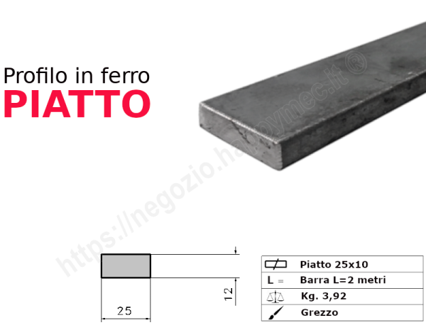 Profilo piatto grezzo 25x10 in barre da 2 metri in ferro