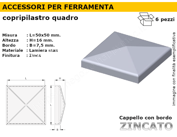 Cappello quadro grezzo 50x50 mm.bordato cf 6 pz.
