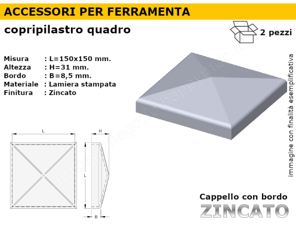 Cappello quadro zincato 150x150 mm.bordato