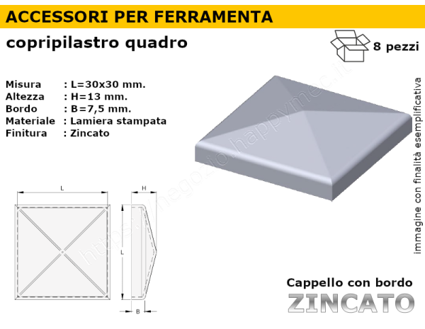 Cappello quadro zincato 30x30 mm.bordato cf.8 pz.