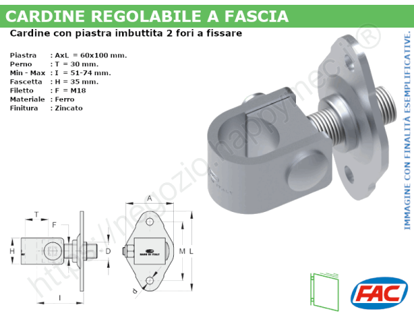 Cardine a fascia zincato con piastra imbutita M18 a 2 fori