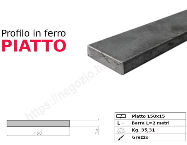 Profilo piatto grezzo.150x15 in barre da 2 metri in ferro