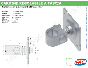 Cardine a fascia zincato con piastra imbutita M18 a 4 fori