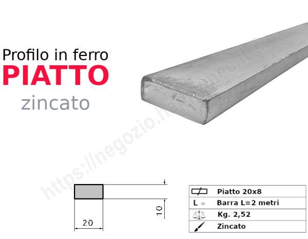 Profilo piatto zincato 20x 8 in barre da 2 metri in ferro