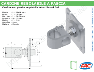 Cardine a fascia zincato con piastra regolabile imbutita M18