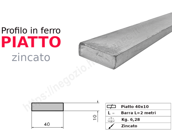Profilo piatto zincato 40x10 in barre da 2 metri in ferro
