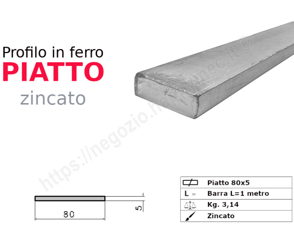 Profilo piatto zincato 80x 5 in barre da 1 metro in ferro