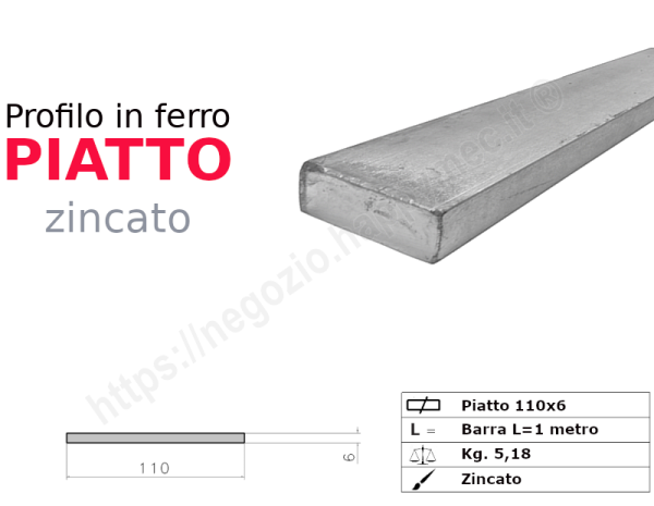 Profilo piatto zincato.110x 6 in barre da 1 metro in ferro