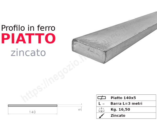 Profilo piatto zincato.140x 5 in barre da 3 metri in ferro