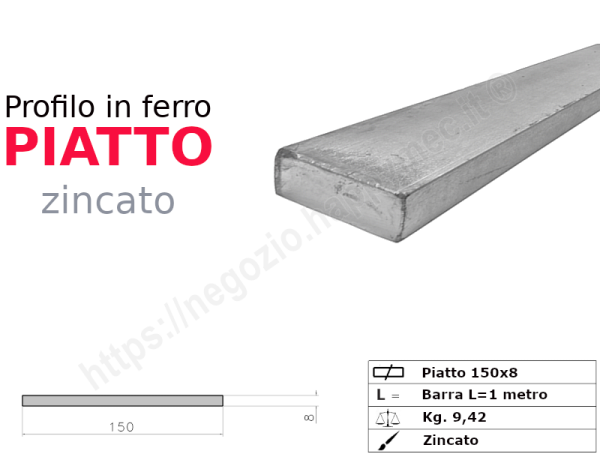 Profilo piatto zincato.150x 8 in barre da 1 metro in ferro