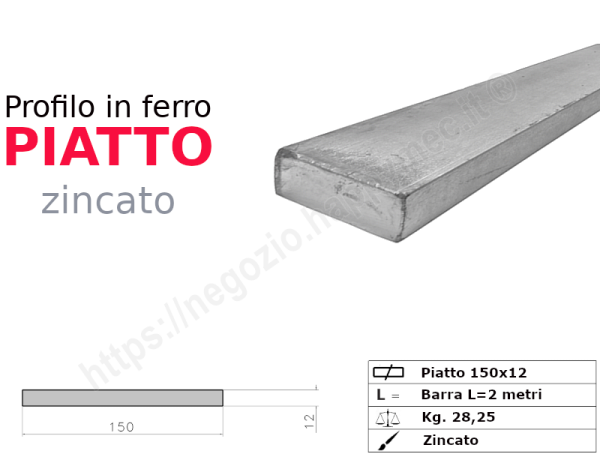 Profilo piatto zincato.150x12 in barre da 2 metri in ferro