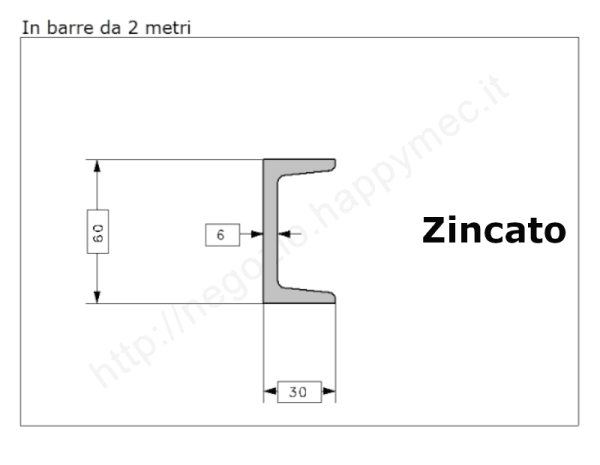 Profilo speciale ad "U" 60x30x6 in ferro zincato da 2 metri