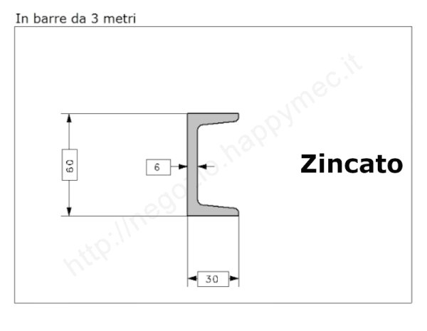 Profilo speciale ad "U" 60x30x6 in ferro zincato da 3 metri
