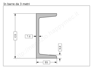 Profilo UPN 120x55 barra in ferro grezzo da 3 metri in ferro