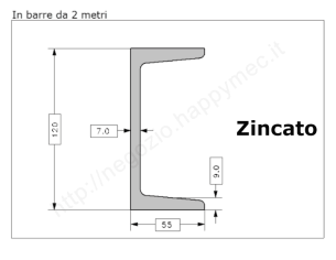 Profilo UPN 120x55 barra in ferro zincato da 2 metri in ferro