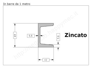 Profilo UPN 65x42 barra in ferro zincato da 1 metro in ferro