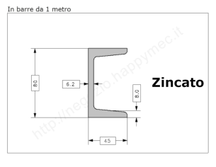 Profilo UPN 80x45 barra in ferro zincato da 1 metro in ferro