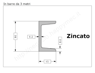 Profilo UPN 80x45 barra in ferro zincato da 3 metri in ferro