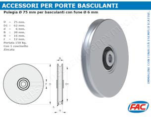 Puleggia zincata diametro 75x16 per basculante, fune 6mm.