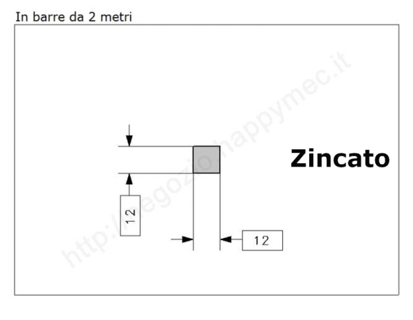 Quadro pieno 12mm. zincato in barre da 2 metri in ferro