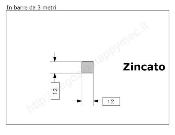 Quadro pieno 12mm. zincato in barre da 3 metri in ferro