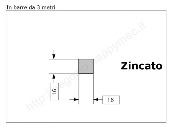 Quadro pieno 16mm. zincato in barre da 3 metri in ferro