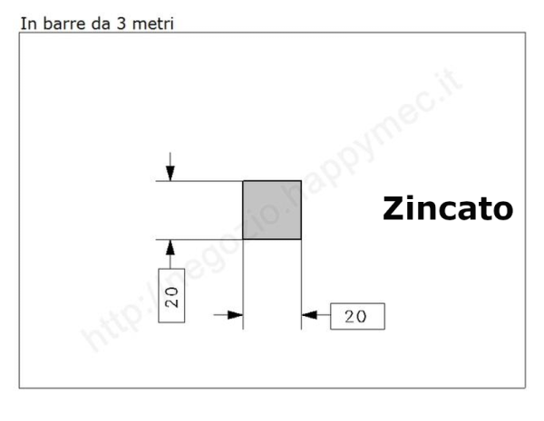Quadro pieno 20mm. zincato in barre da 3 metri in ferro