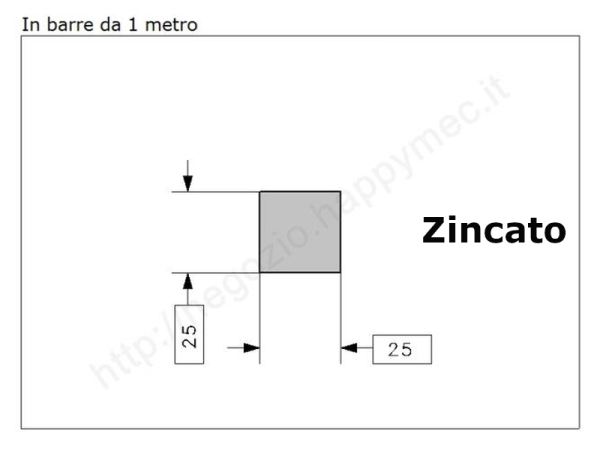 Quadro pieno 25mm. zincato in barre da 1 metro in ferro