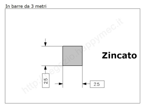 Quadro pieno 25mm. zincato in barre da 3 metri in ferro