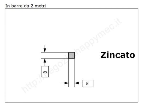 Quadro pieno 8mm. zincato in barre da 2 metri in ferro