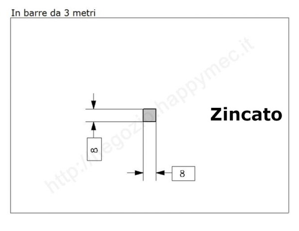 Quadro pieno 8mm. zincato in barre da 3 metri in ferro