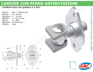 Cardine alettato M22 inox piastra di fissaggio a 2 fori