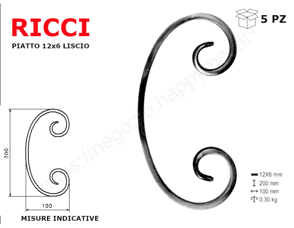 Riccio a "C" in piatto liscio 12x6 tipo 443 mis.100x200