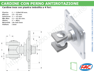 Cardine alettato M22 inox piastra imbutita a 4 fori - accessori