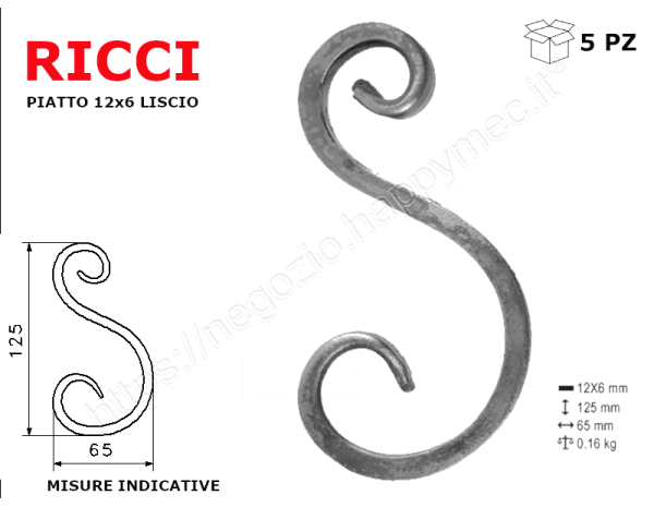 Riccio a "S" in piatto liscio 12x6 tipo 446 mis.65x125