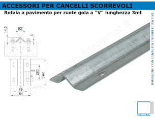 Rotaia a pavimento zincata da 3 mt per ruote con gola V
