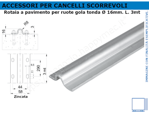 Rotaia a pavimento zincata da 3 mt per ruote gola diam. 16mm