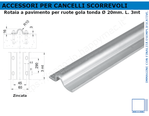 Rotaia a pavimento zincata da 3 mt per ruote gola diam. 20mm