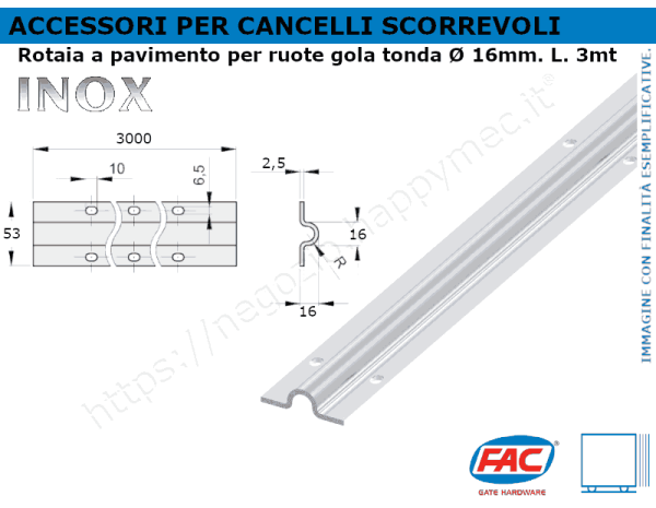 Rotaia inox a pavimento 3 mt per ruote gola diam. 16mm