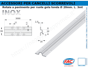 Rotaia inox a pavimento 3 mt per ruote gola diam. 20mm