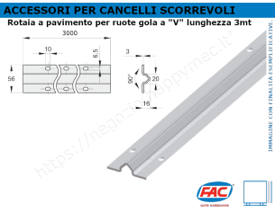 Rotaia zincata a pavimento 3 mt per ruote con gola a V