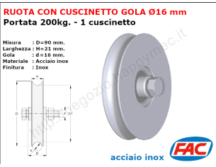 Ruota inox diametro 90x21 gola diam. 16 accessori per cancello